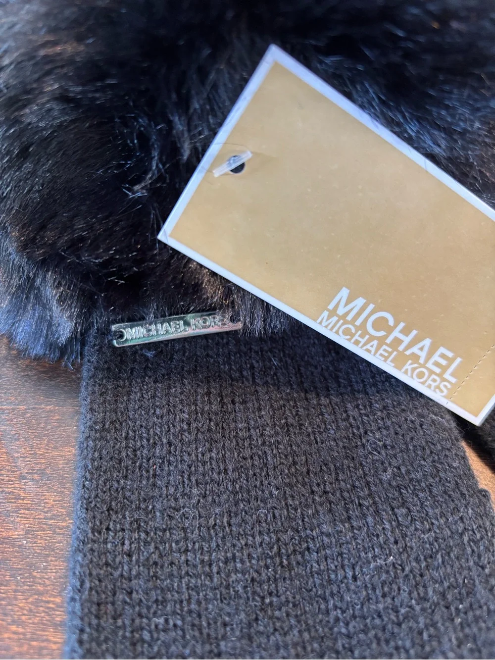 Women’s Michael Kors Black Knit Gloves with Faux Fur Trim